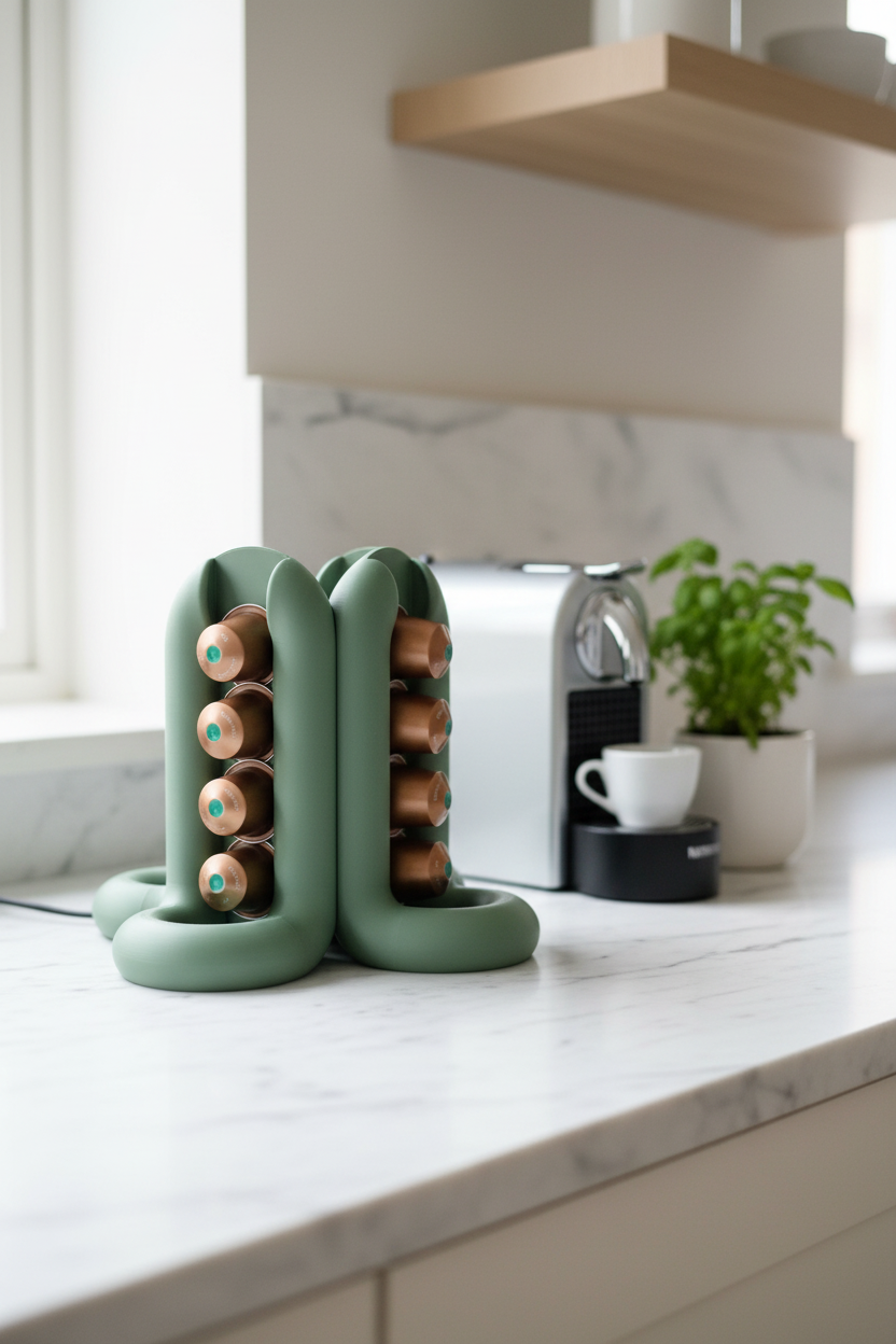 Sage green Wibble 4-way pod holder on marble worktop Scandi kitchen - lifestyle