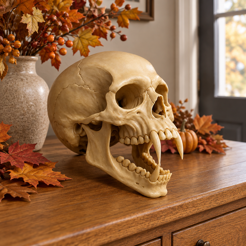 Cracked pale vampire skull sculpture on an oak entryway console with autumn leaves