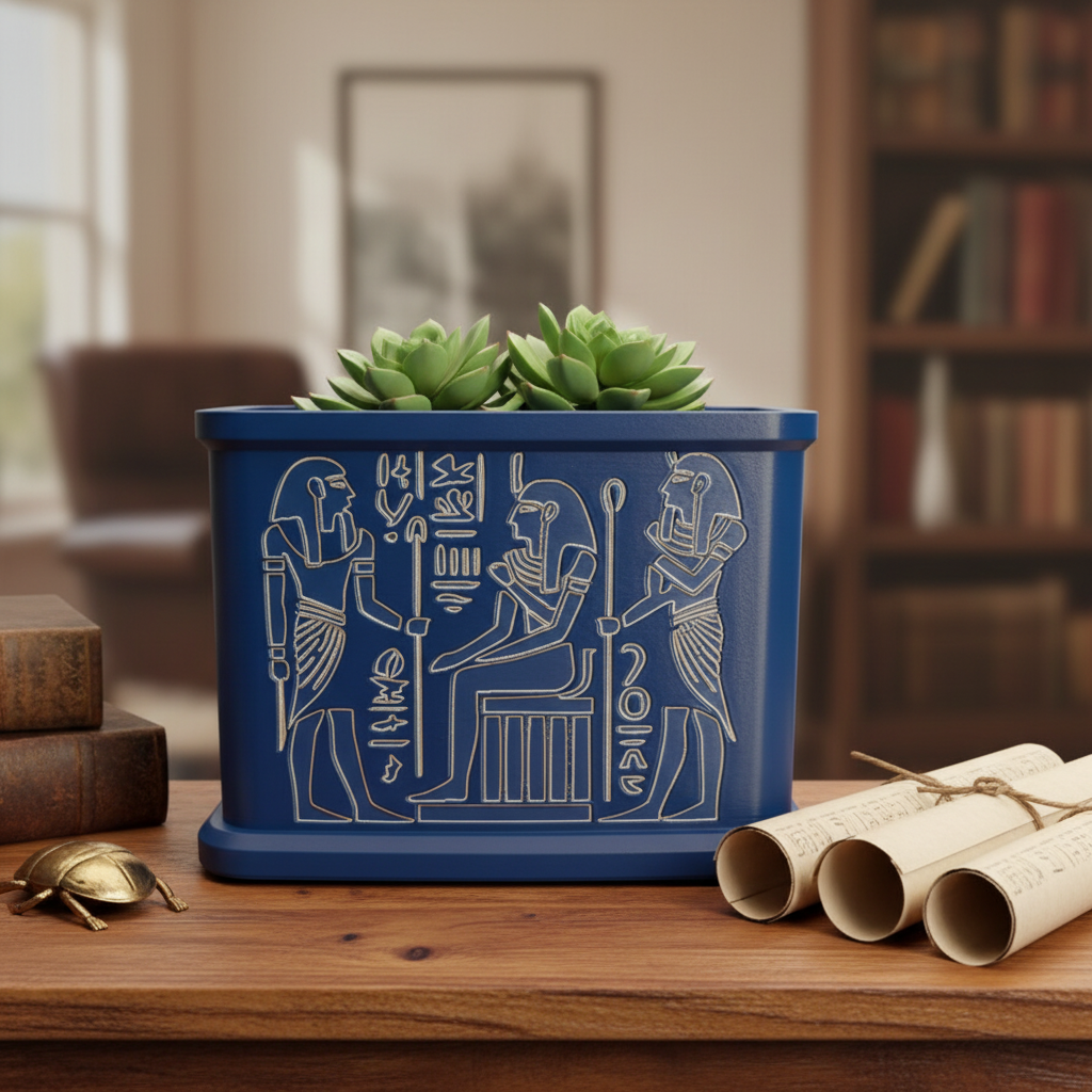 Deep blue King Tut shrine plant pot with a small succulent on a wooden shelf with a golden scarab figurine