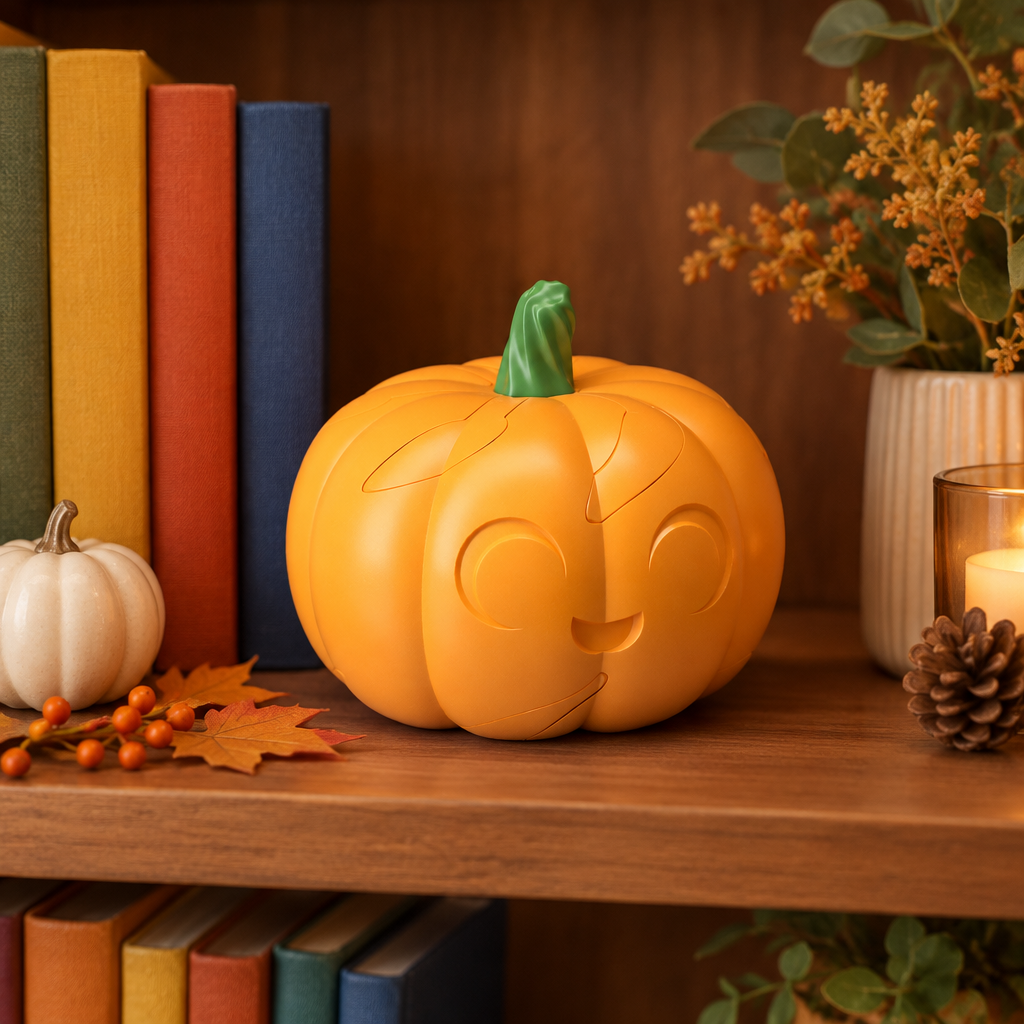 Cute pumpkin puzzle displayed on a bookshelf with autumn decor