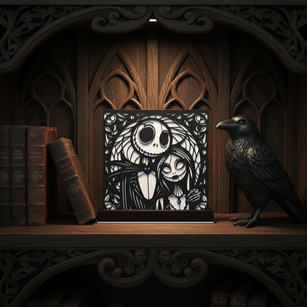 Jack and Sally Nightmare Before Christmas shadow box display in a gothic collector display