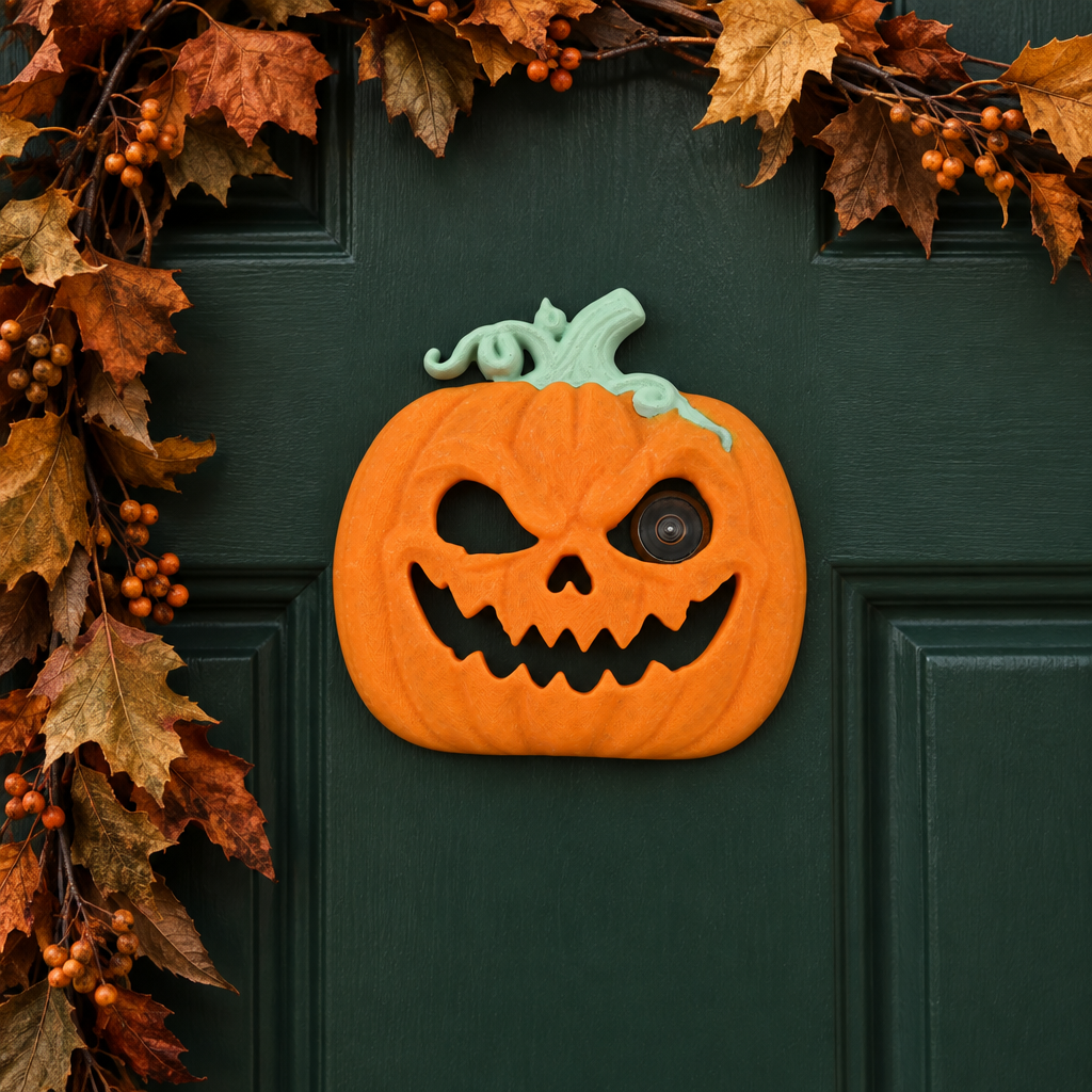 Pumpkin peephole decoration on green door
