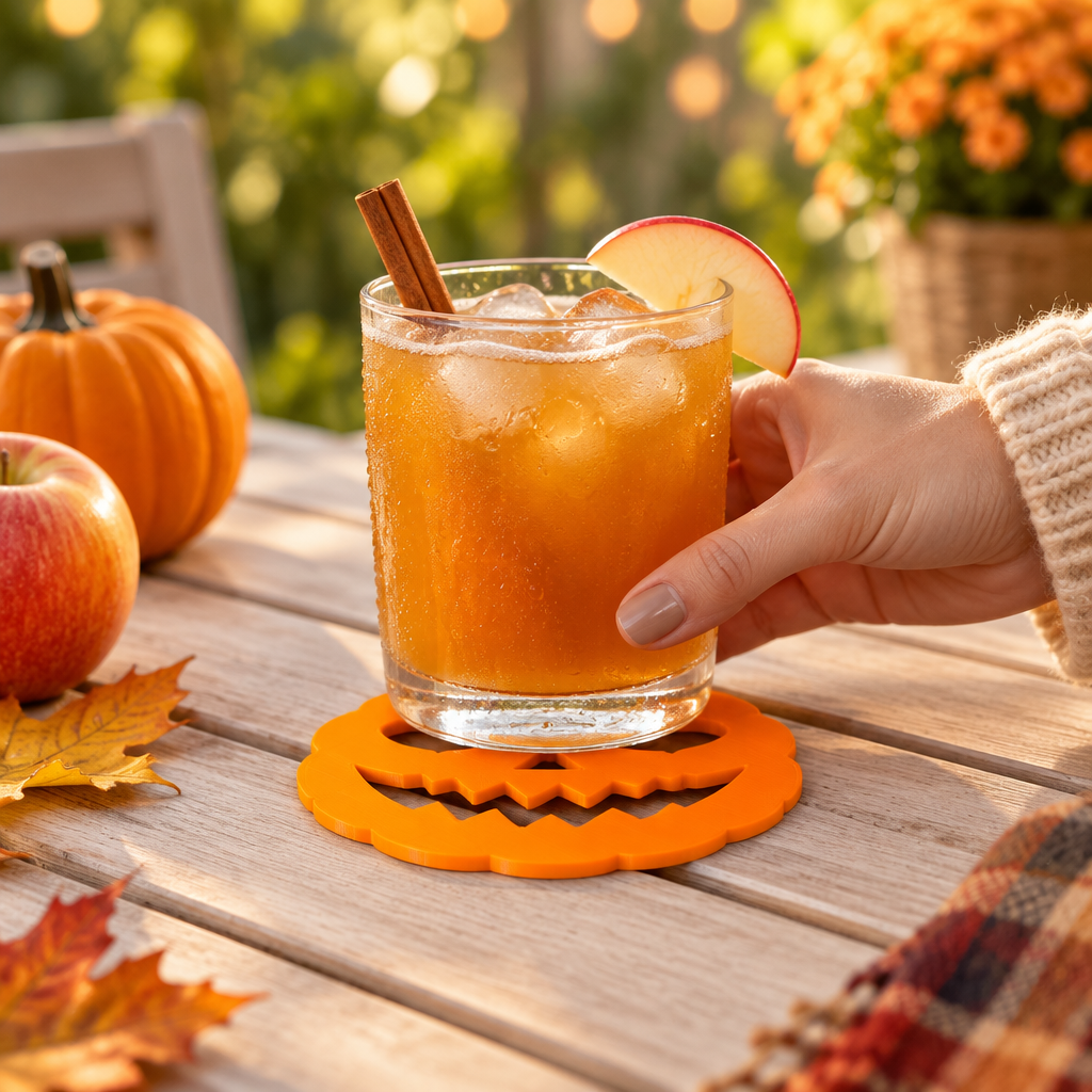 Orange pumpkin coaster beneath a glass of cider on an outdoor autumn table