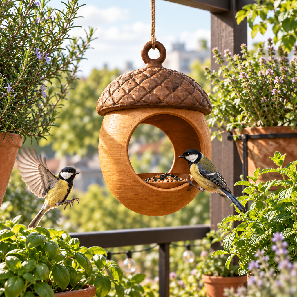 Acorn feeder on herb-filled balcony