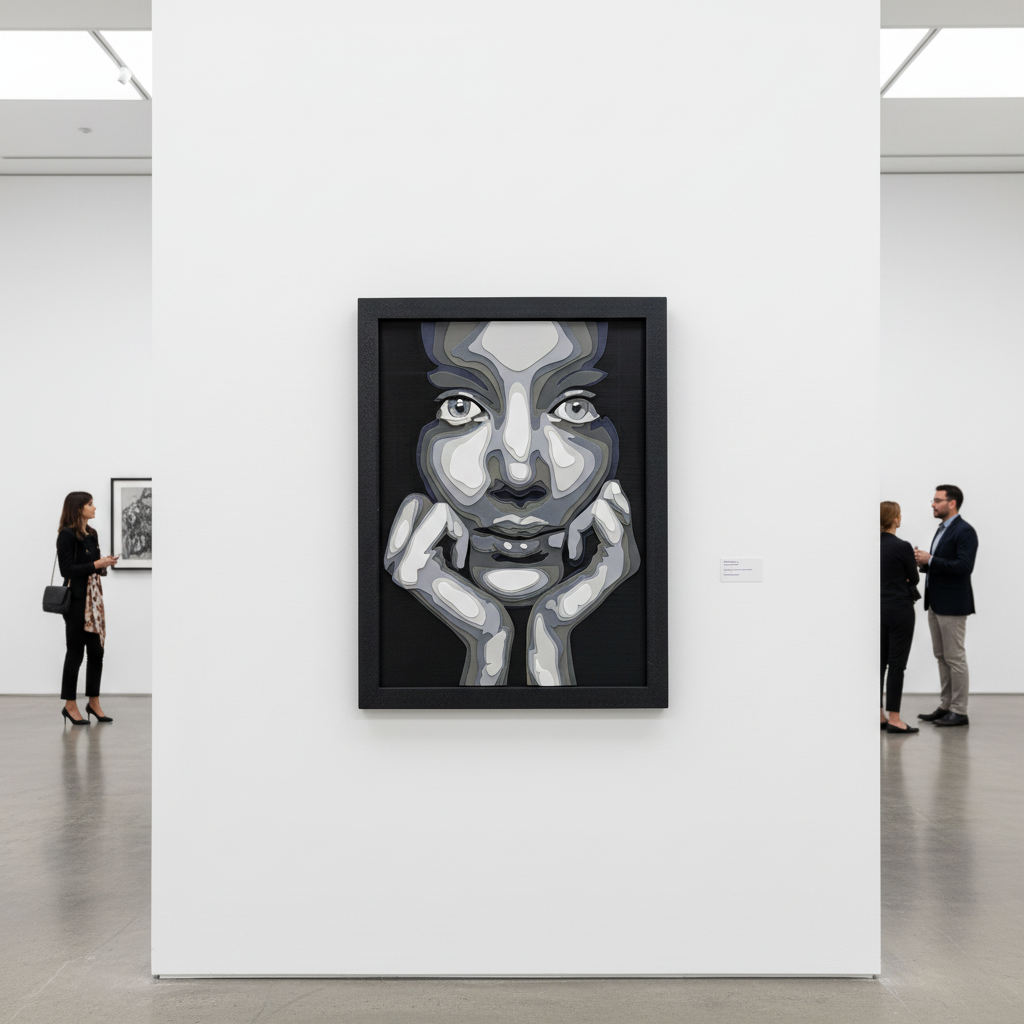The Girl in Layers shadow box displayed on a white gallery wall in a minimalist modern art space