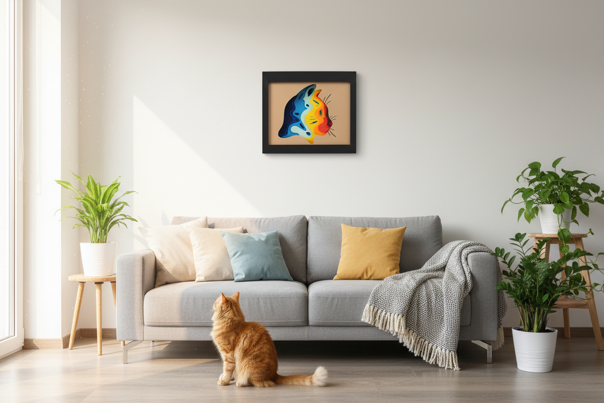 Cat shadow box on a white wall in a bright living room with a cat and houseplants