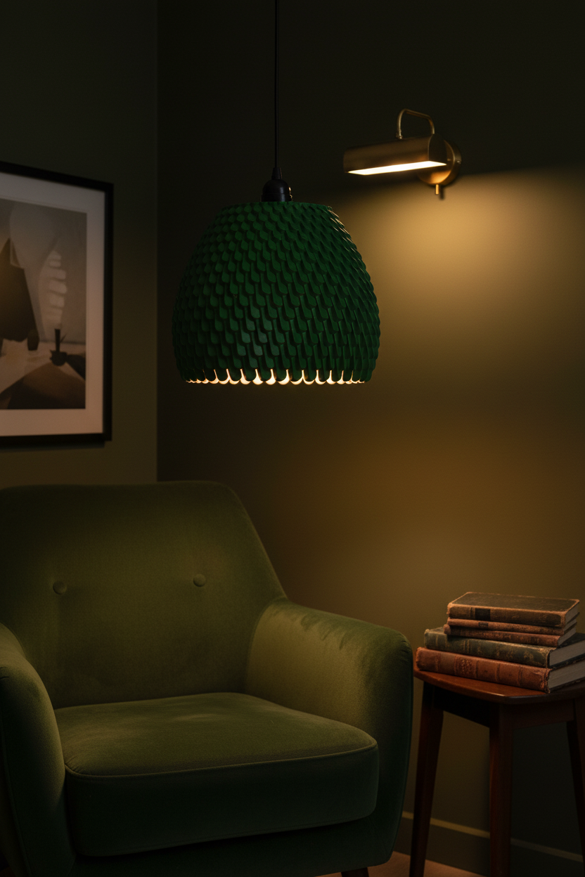 Sage green staggered lampshade in cosy reading nook velvet armchair - lifestyle