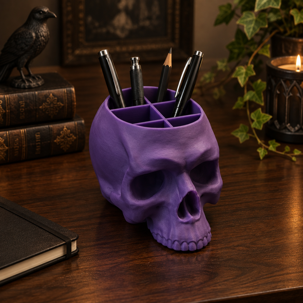Purple skull desk organiser with stationery on a dark writing desk