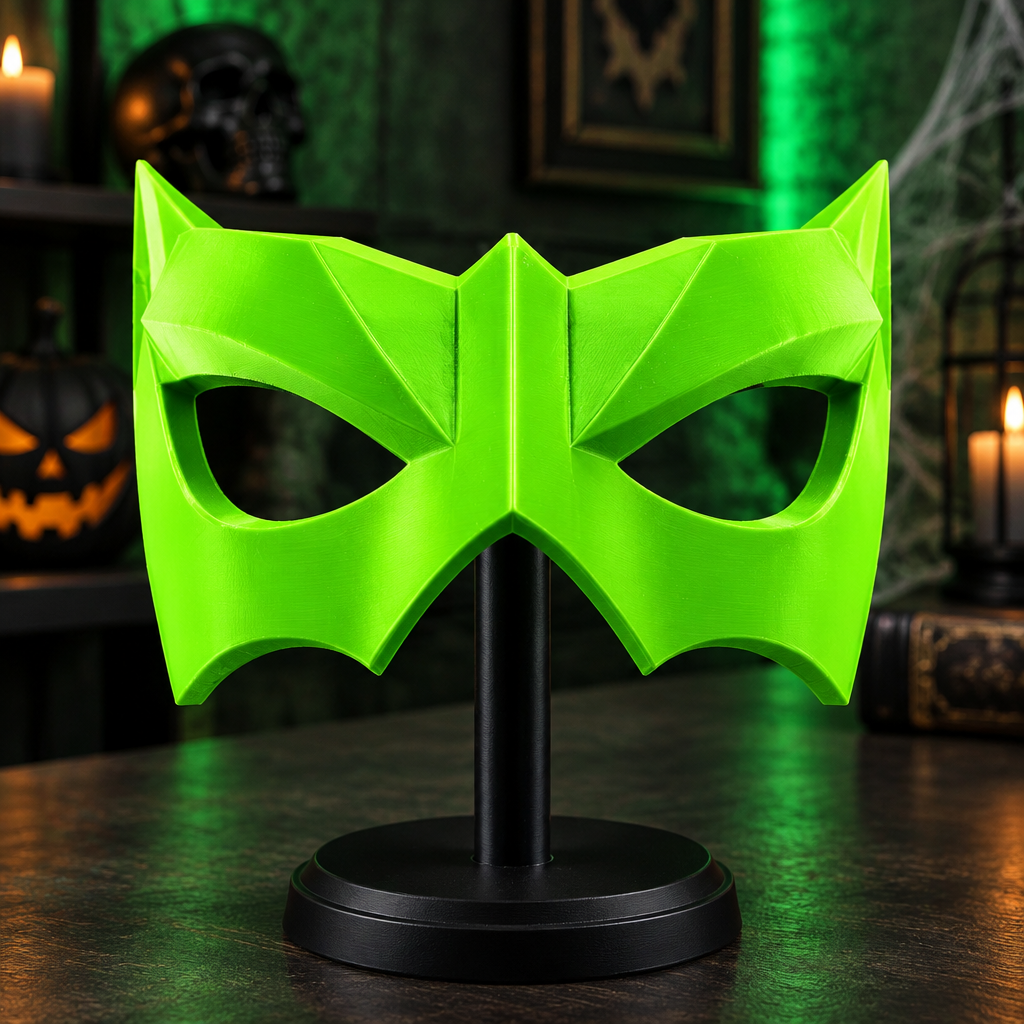 Neon green Shadow Sentinel mask in a Halloween costume room, strap not included