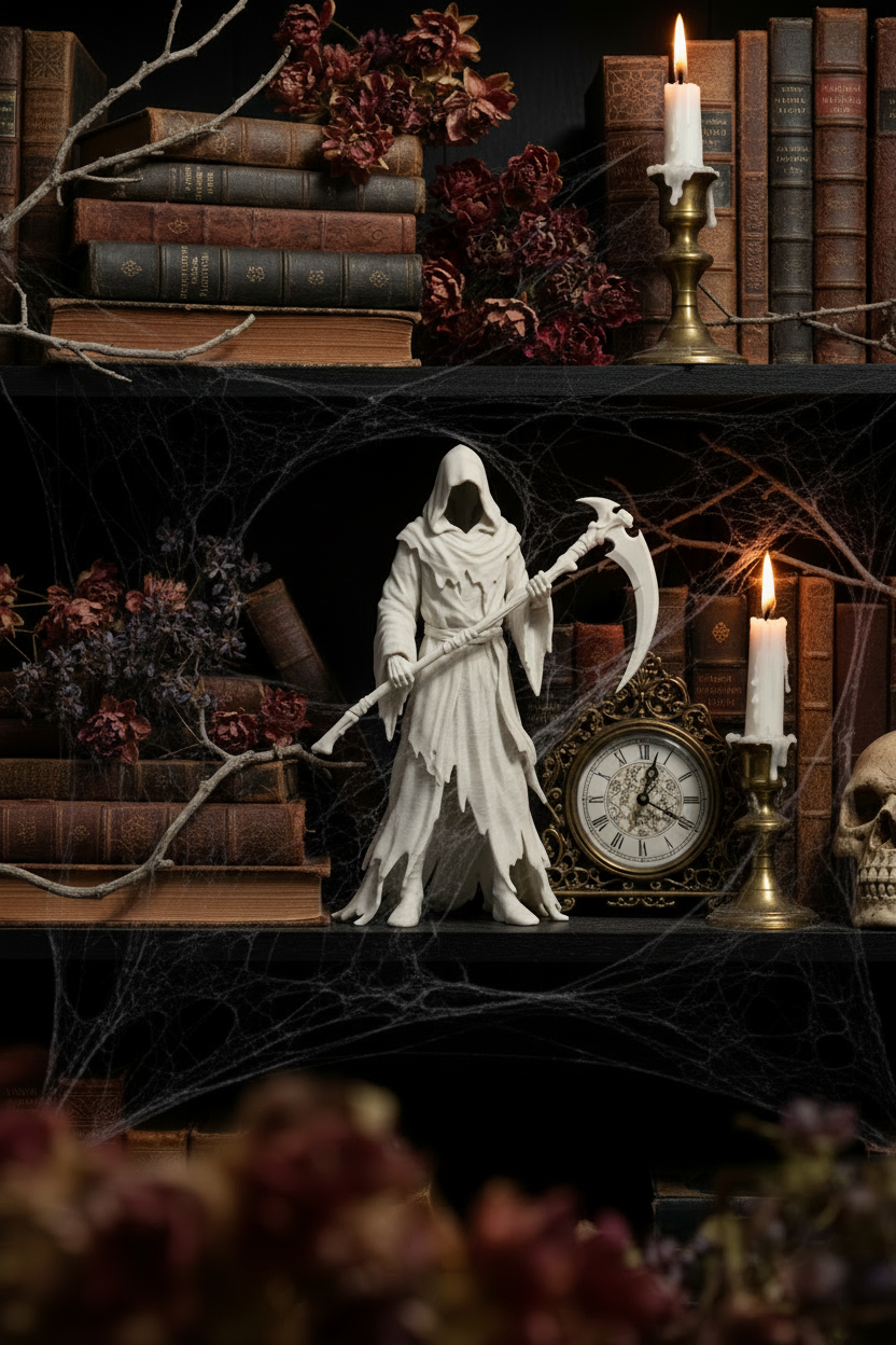 Grim Reaper figure on gothic mantelpiece with candles and vintage clock