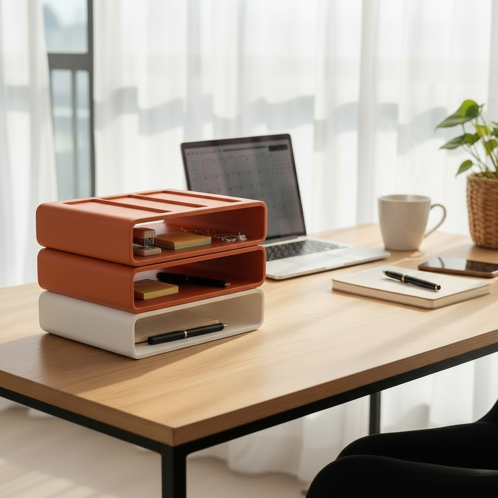Terracotta orange stackable organizer on a rustic boho desk with warm sunlight