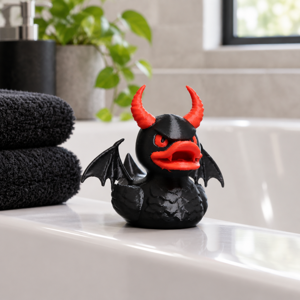 Black-and-red devil bath duck displayed on the edge of a modern white bathtub