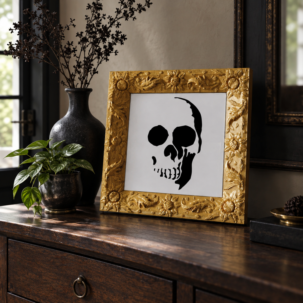 Picture Skull displayed on an entryway table with understated decor