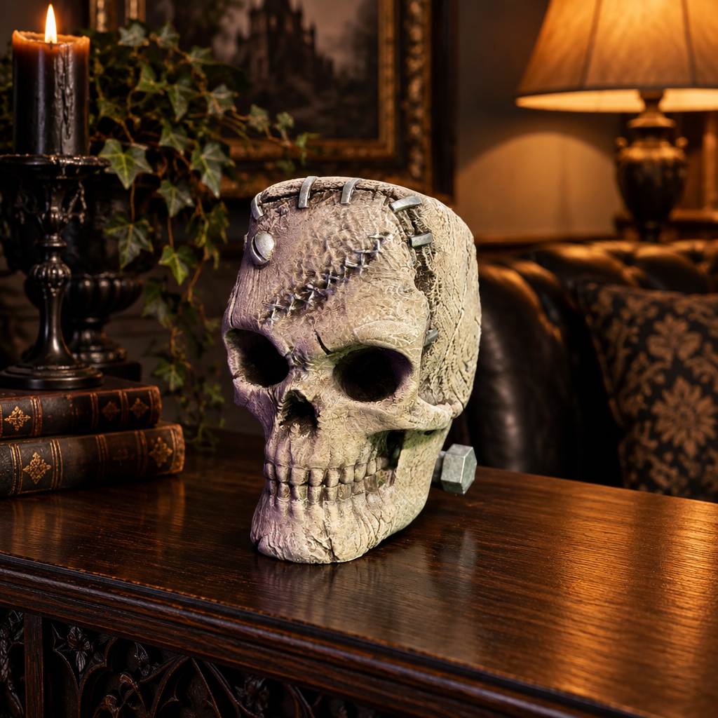 Textured pale skull with side bolt resting directly on a dark wood console
