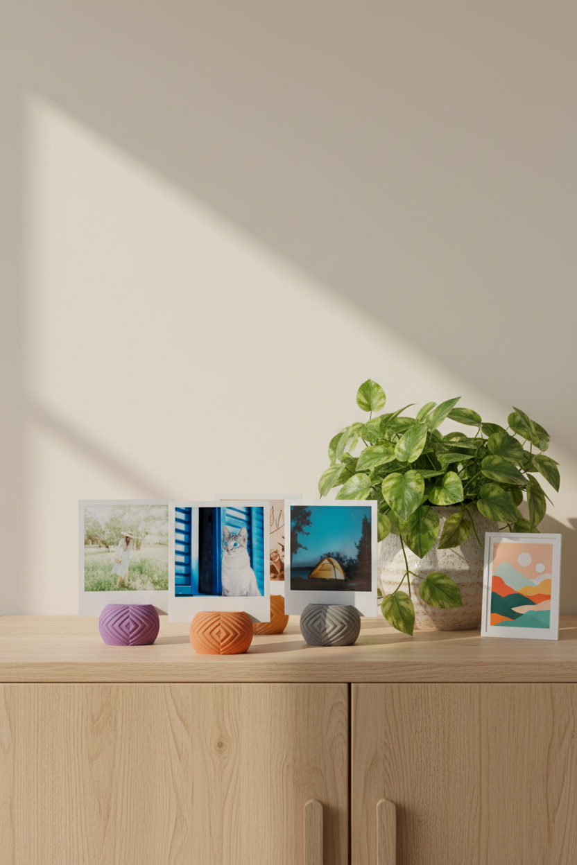 Four Geometric Mini Photo Holders purple orange grey red matte diamond lattice pebble form each holding square polaroid print pale oak sideboard warm cream wall trailing pothos ceramic pot small framed art print bright contemporary living room soft afternoon light portrait