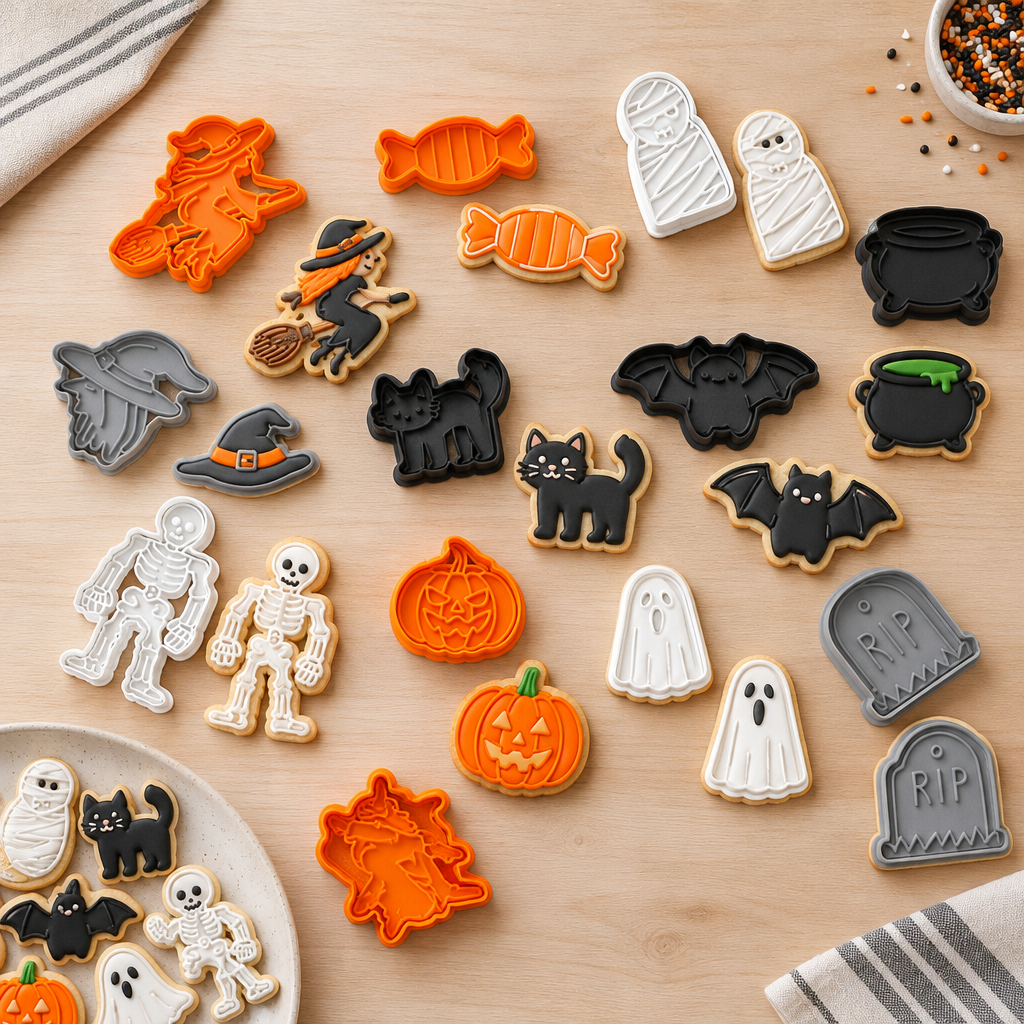 Overhead arrangement of Halloween cookie cutters and decorated cookies