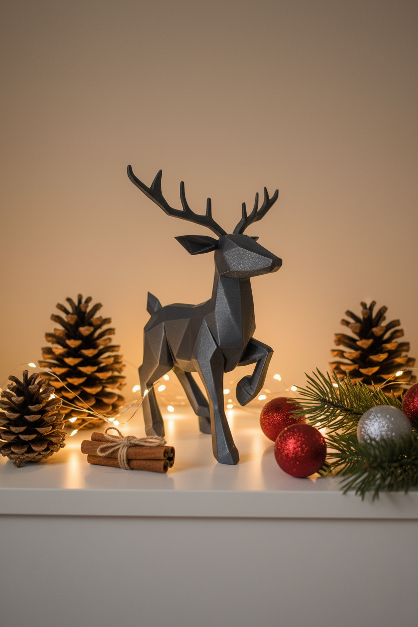 Low poly reindeer on white shelf with pine cones and fairy lights lifestyle
