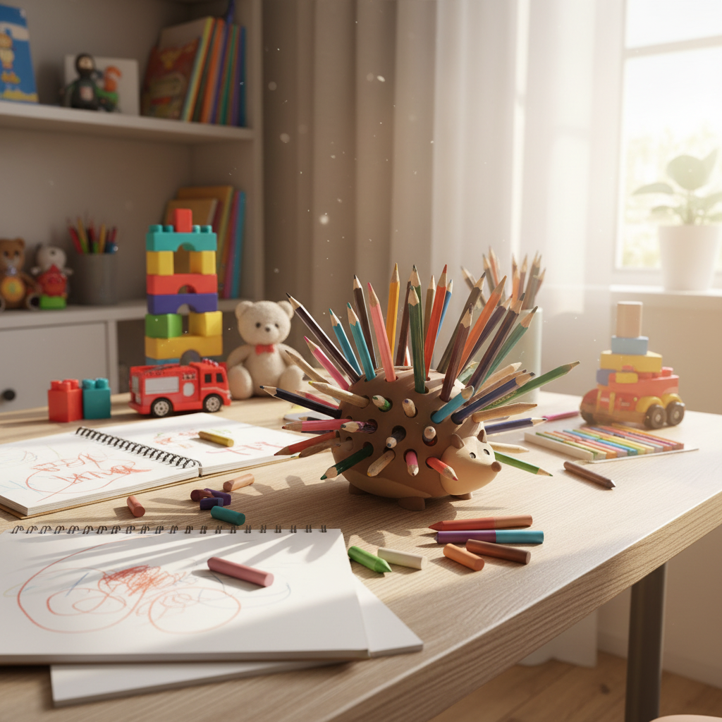 Pencil Hedgehog on a children's bedroom desk with crayons notebooks and toys