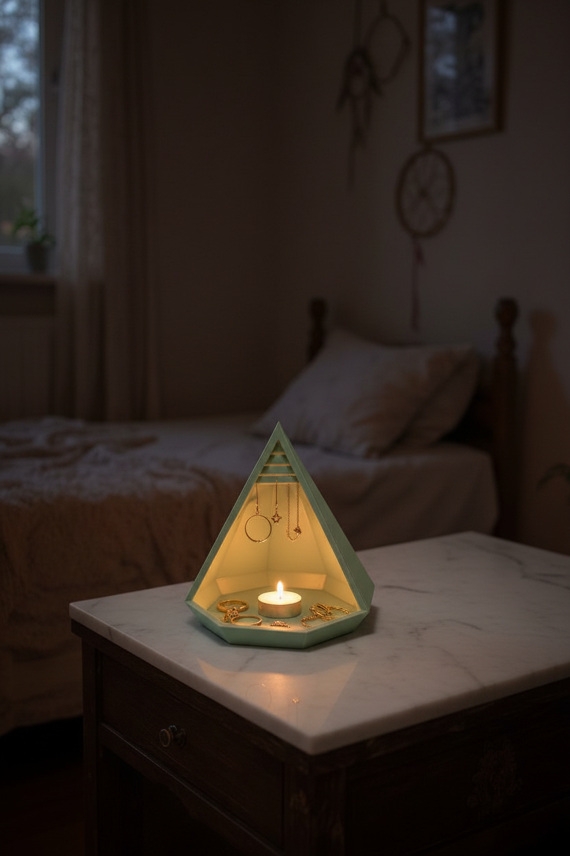 Sage green geometric pyramid tray on marble surface with rings and LED tealight glow