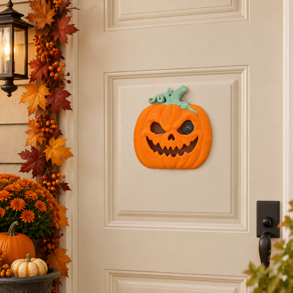 Pumpkin peephole decoration on cream entrance