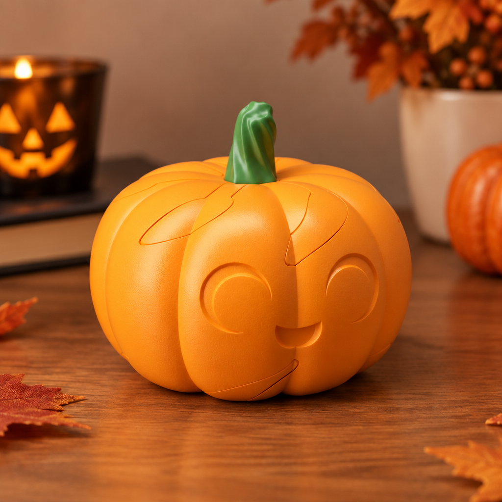 Pumpkin fidget puzzle on a desk with subtle Halloween accents