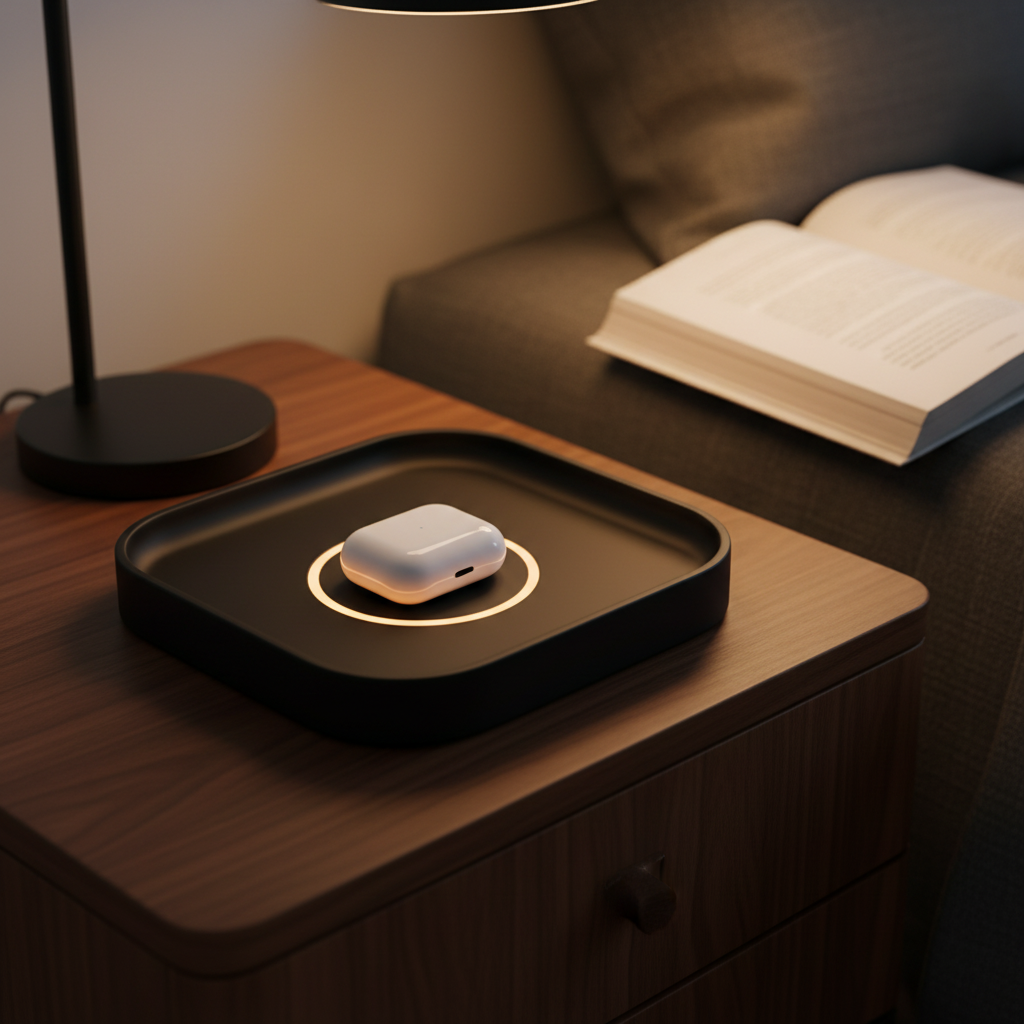 Black tray with AirPods Pro on walnut bedside table - lifestyle