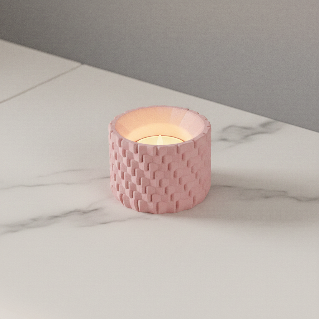 Woven Texture Tealight Holder dusty rose pink woven basket-weave surface warm LED tealight glow white marble surface top-down editorial square