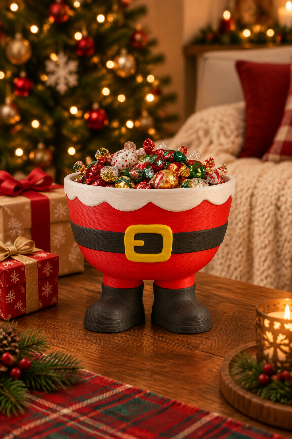 Santa legs sweet bowl beside a Christmas tree and wrapped presents