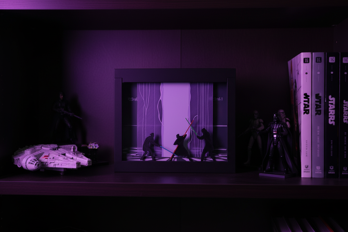 Duel in Theed Shadow Box on a dark wooden shelf in a moody cinematic gaming room with dramatic purple-tinted lighting