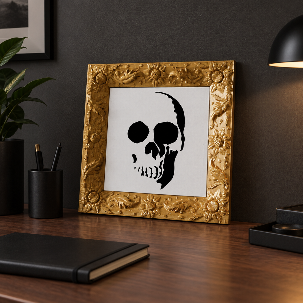 Picture Skull styled on a home office desk against a dark wall