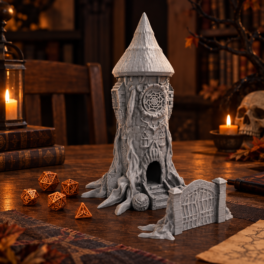 Grey Halloween dice tower and gate displayed on a moody tabletop gaming table with dice