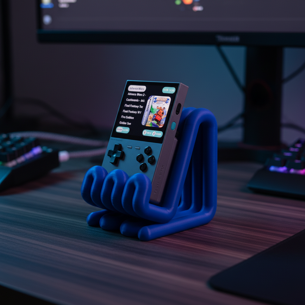 Wibble Stand cobalt blue on RGB gaming desk
