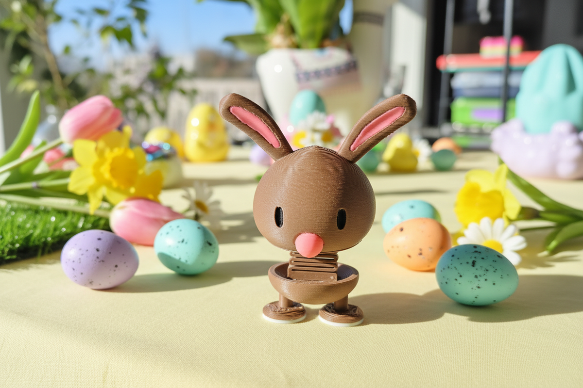 Bunny Springie 3D printed Easter figure on a bright pastel Easter table setting with Easter eggs and spring flowers