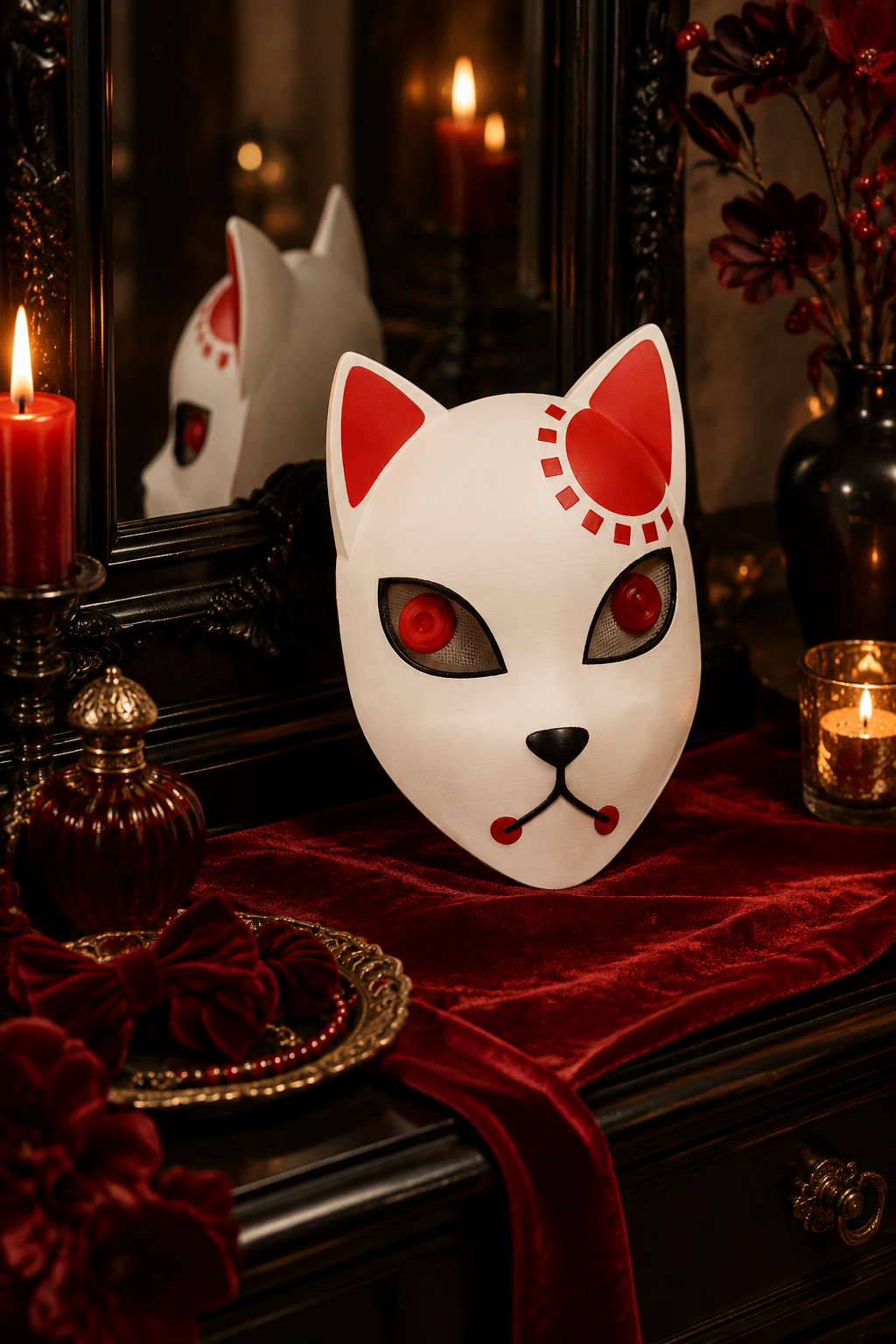 White Halloween devil cat mask on a Halloween dressing table with red velvet accessories