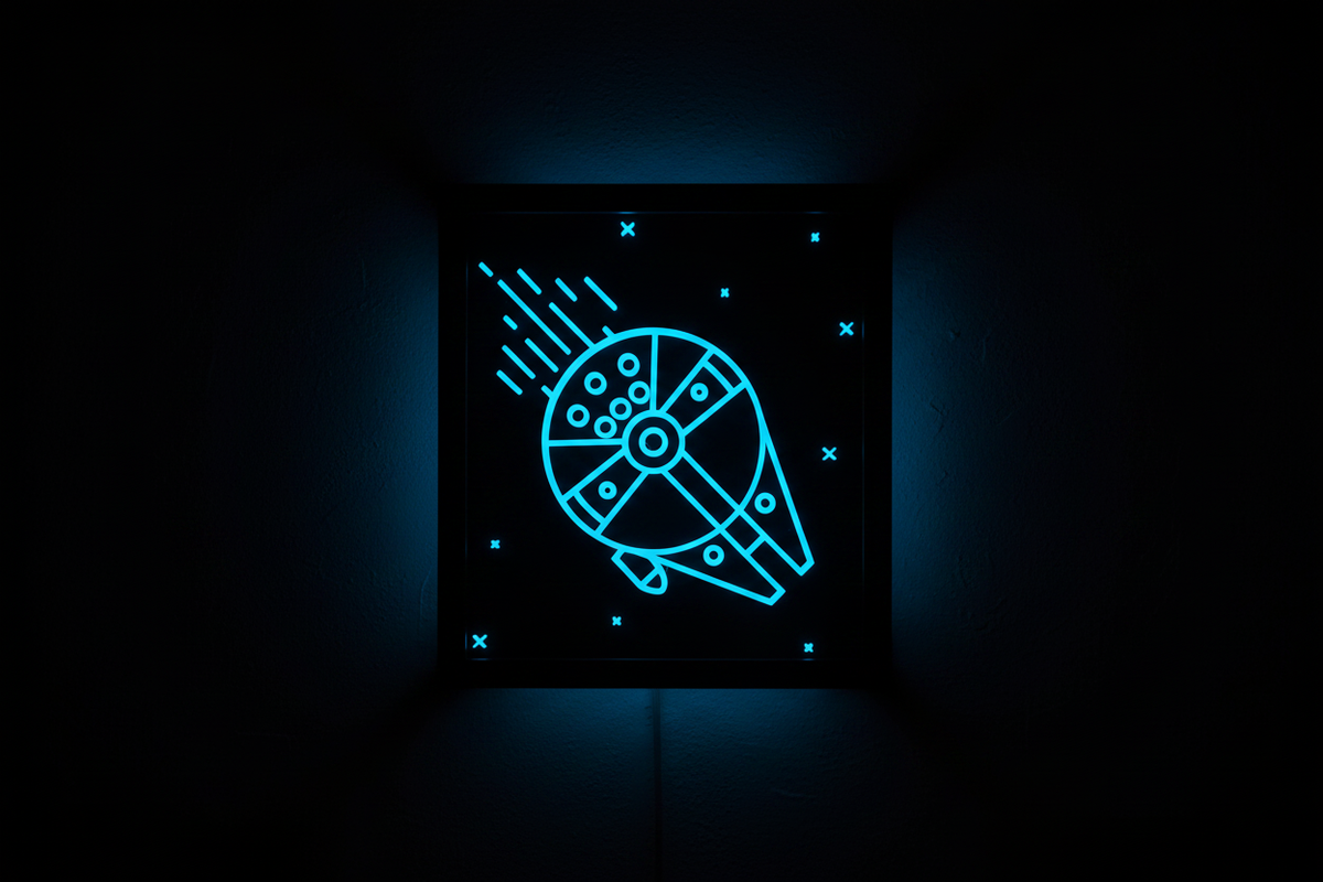 Millennium Falcon Neon Line Art shadow box glowing in the dark with vivid blue holographic effect