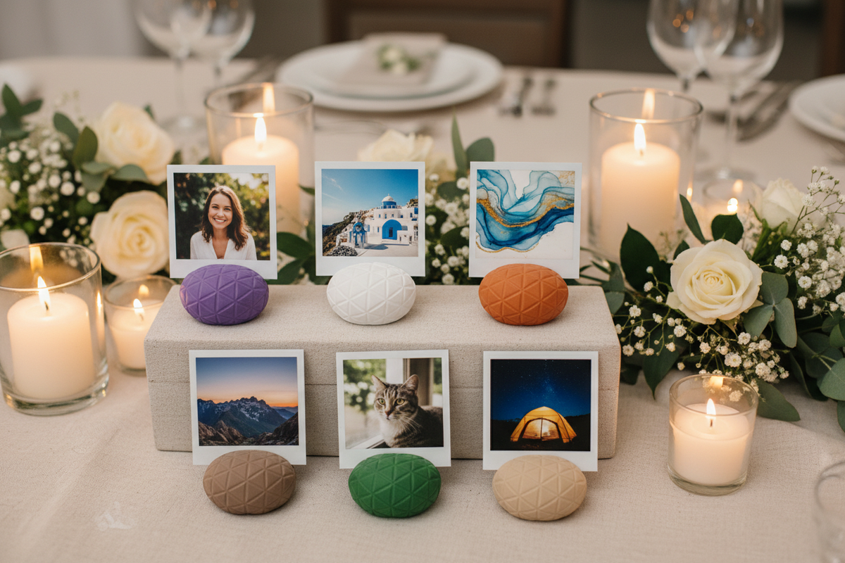 Six Geometric Mini Photo Holders purple white orange green brown beige matte diamond lattice pebble form each holding different square polaroid print arranged two rows pale linen tablecloth wedding celebration table candles flowers wide editorial landscape