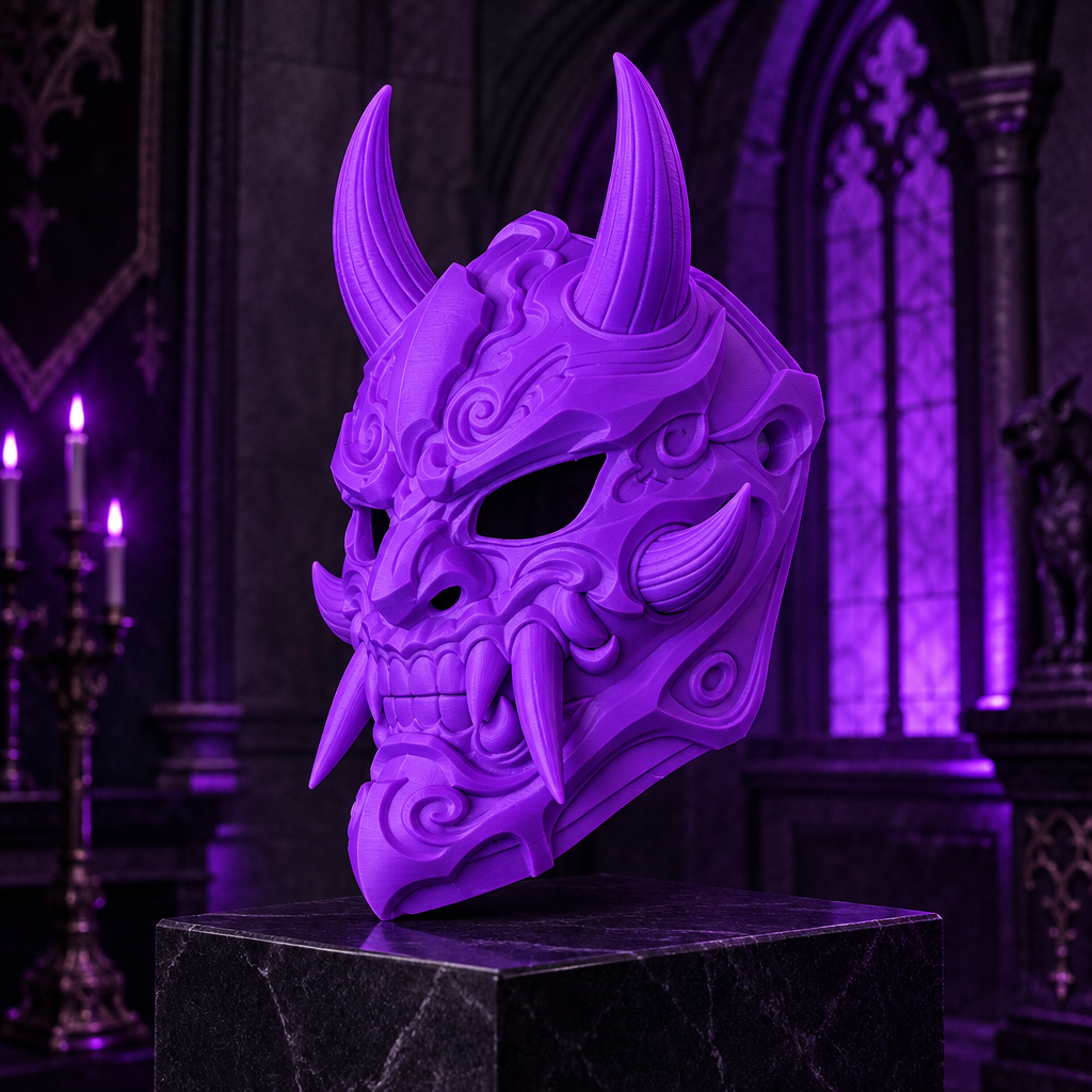 Uniform neon purple Oni Demon Mask displayed on a dark plinth in a gothic interior.