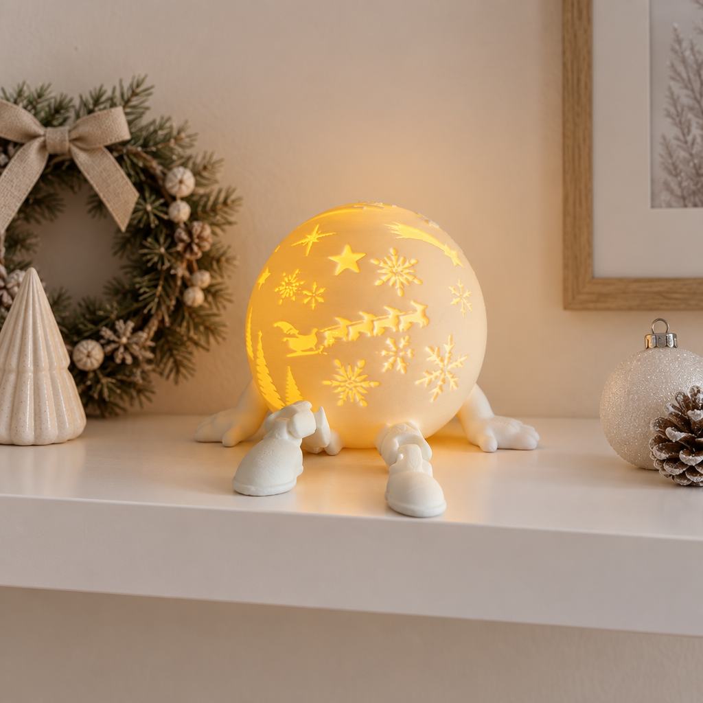White snow globe-style tealight holder with legs styled on a bright white shelf