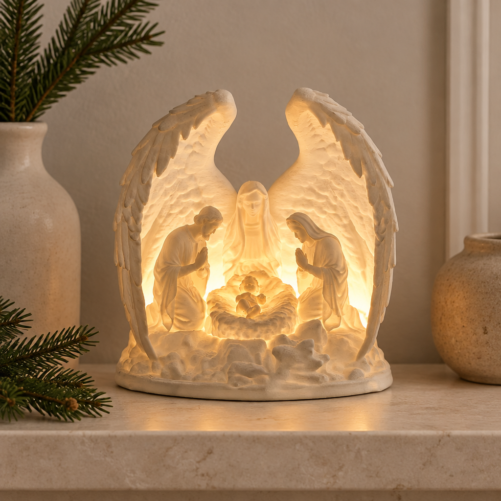Nativity tealight holder styled on a neutral shelf