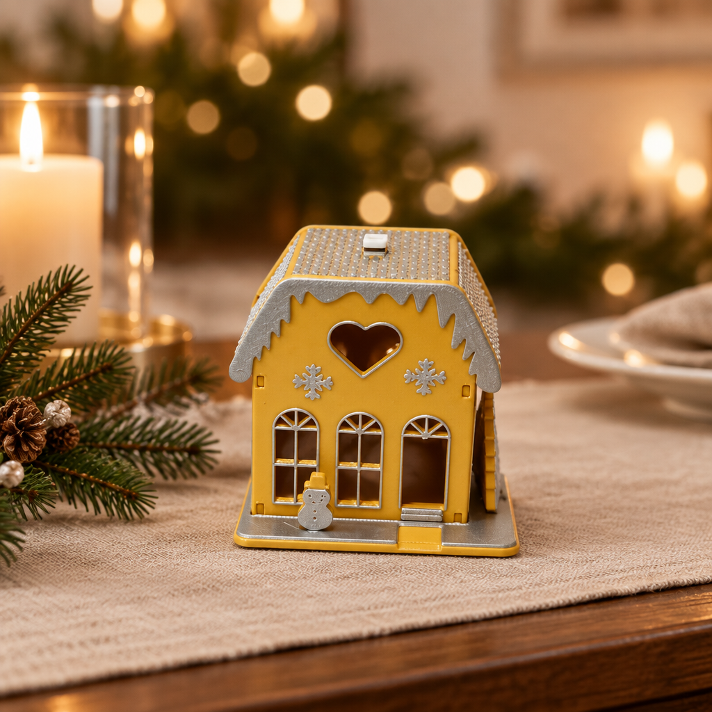 Yellow miniature Christmas house displayed on a dining-room console