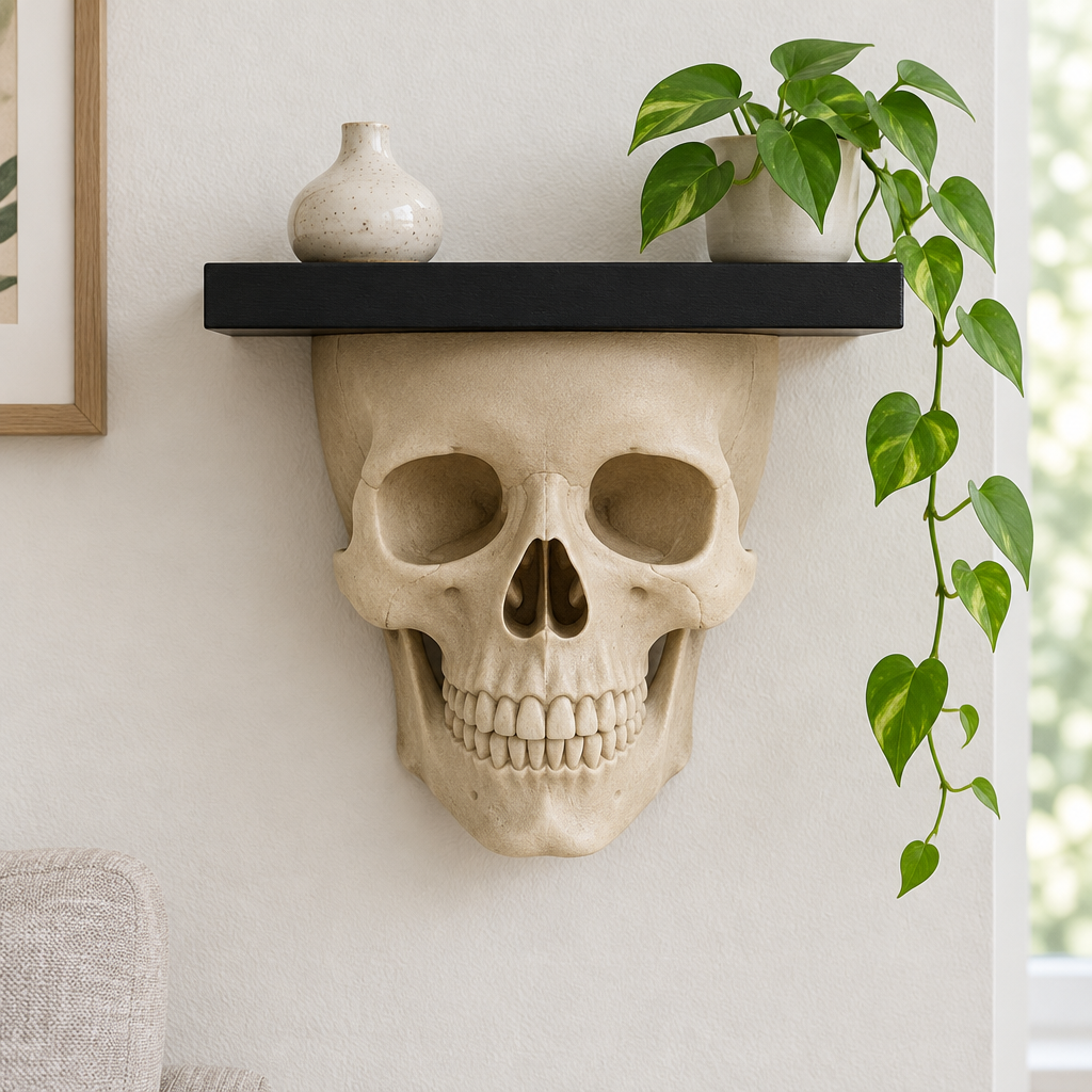 Front-facing Skull Shelf styled with greenery in a bright living room