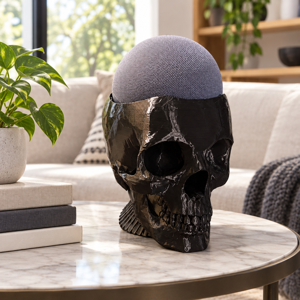 Large glossy black skull with a grey smart speaker as the dome on a bright coffee table with books