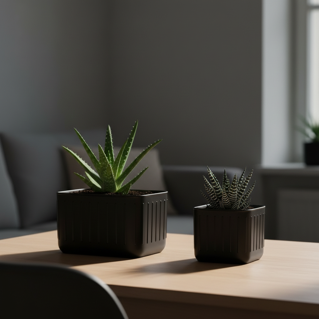 Scandinavian Plant Pot Pair in black — home office desk lifestyle