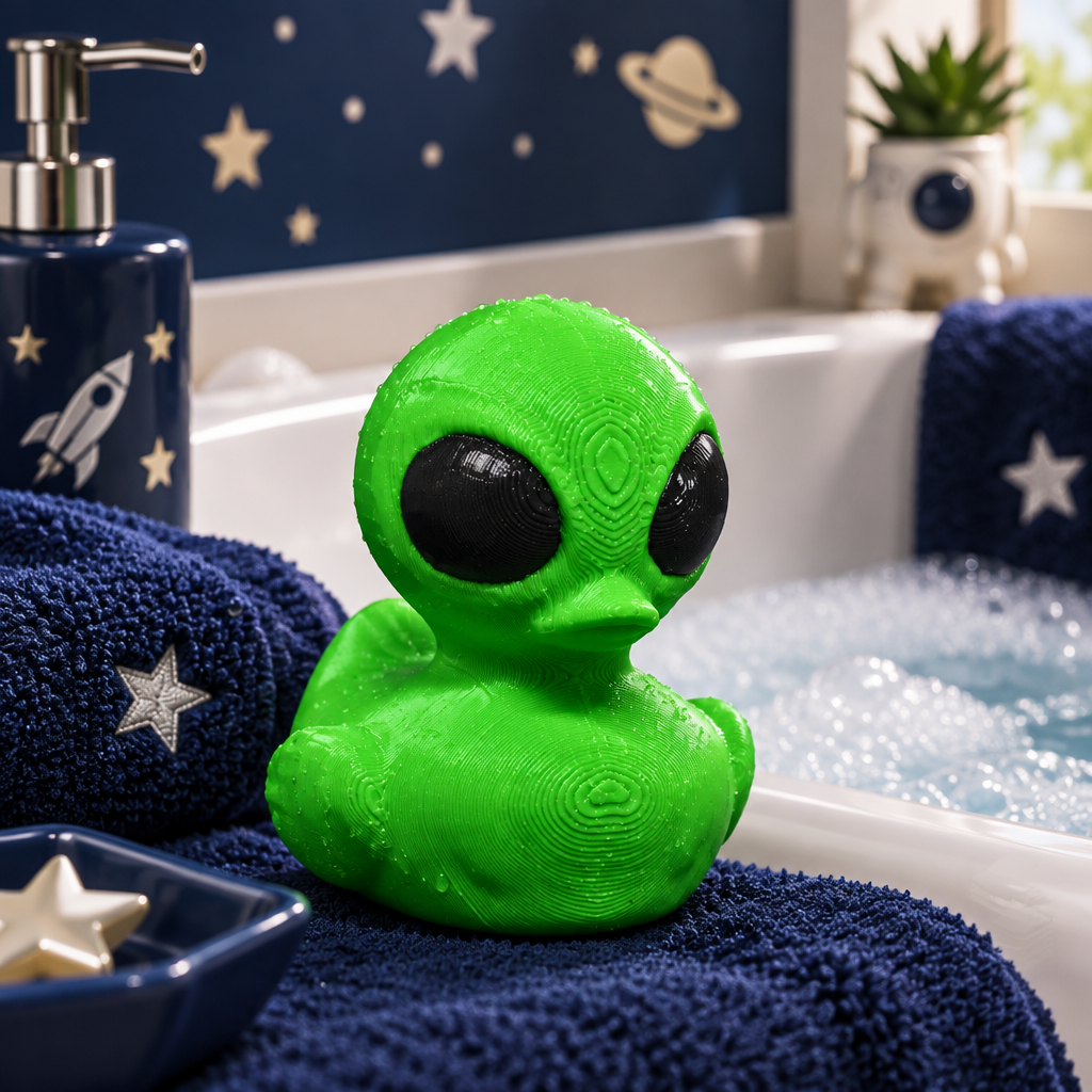 Bright green alien bath duck in a playful space-themed bathroom