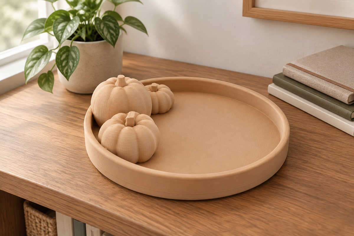 Beige Pumpkin Tray displayed on a home-office desk