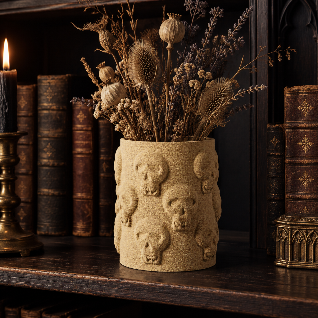 Skull Vase on gothic bookshelf