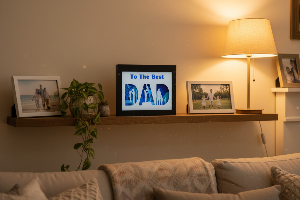 Father's Day DAD shadow box on living room shelf with family photos and plants