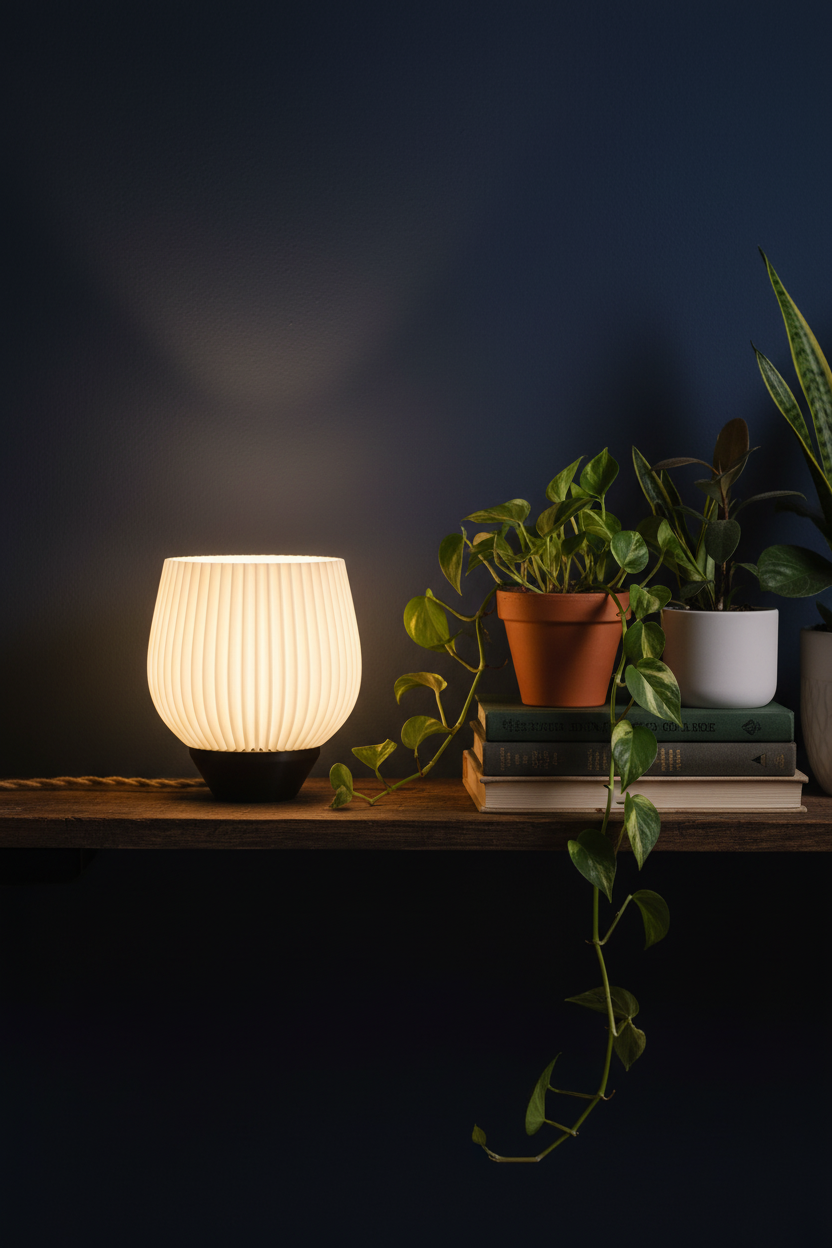 Tapered Ribbed E27 Lamp on dark shelf with plants and books