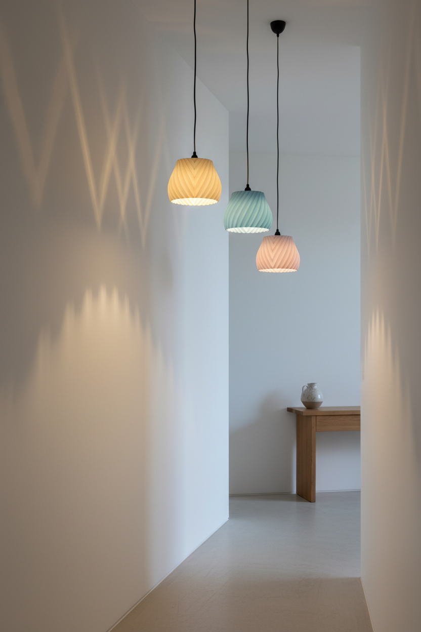 Three pendant lampshades in beige, blue and pink in hallway - lifestyle