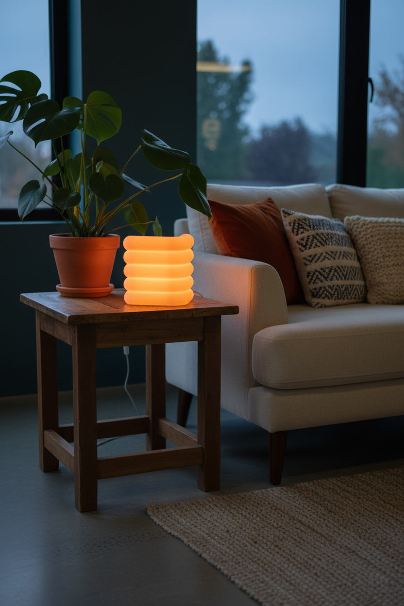 Stacked Pipe E27 Lamp glowing warm orange on living room side table at dusk
